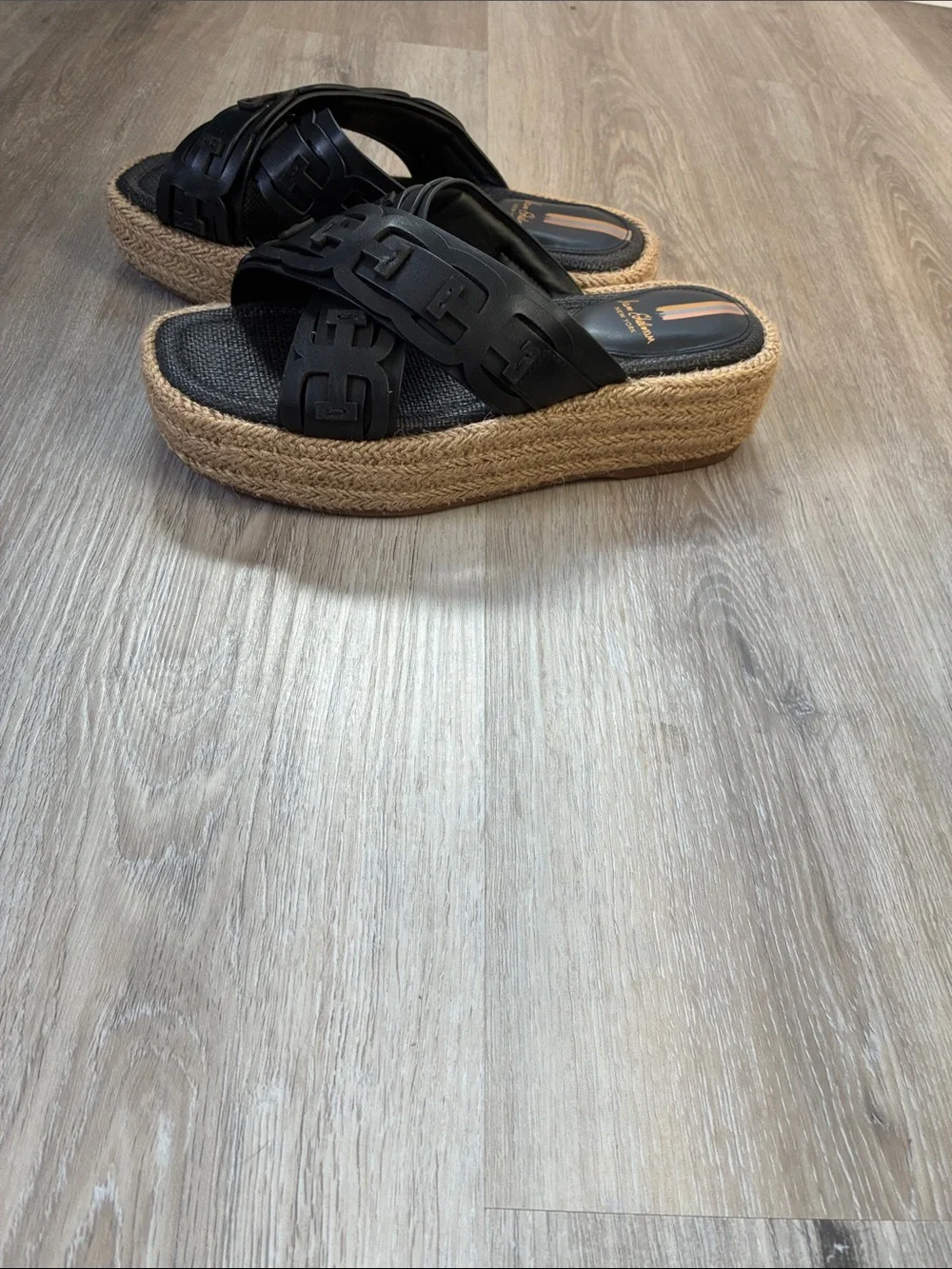 Sam Edelman Pria Black Braided Leather Slide Sandals with Jute Trim